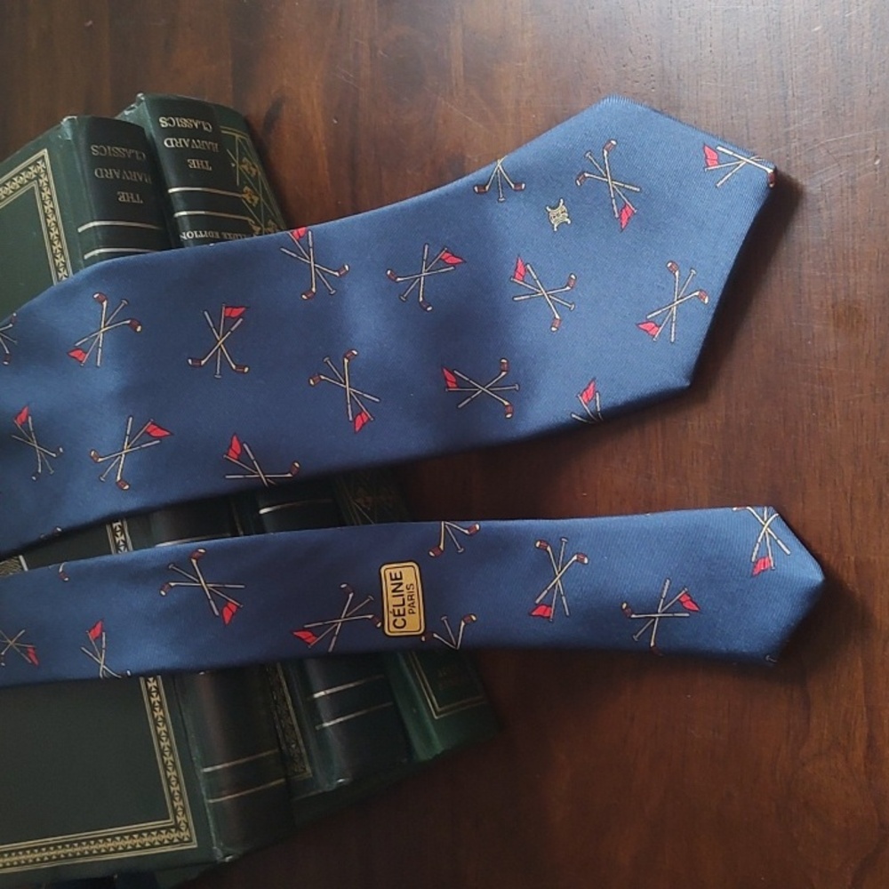 Celine Blue Silk Geometric Ties Golfer Golfing Golf Office Business Academic